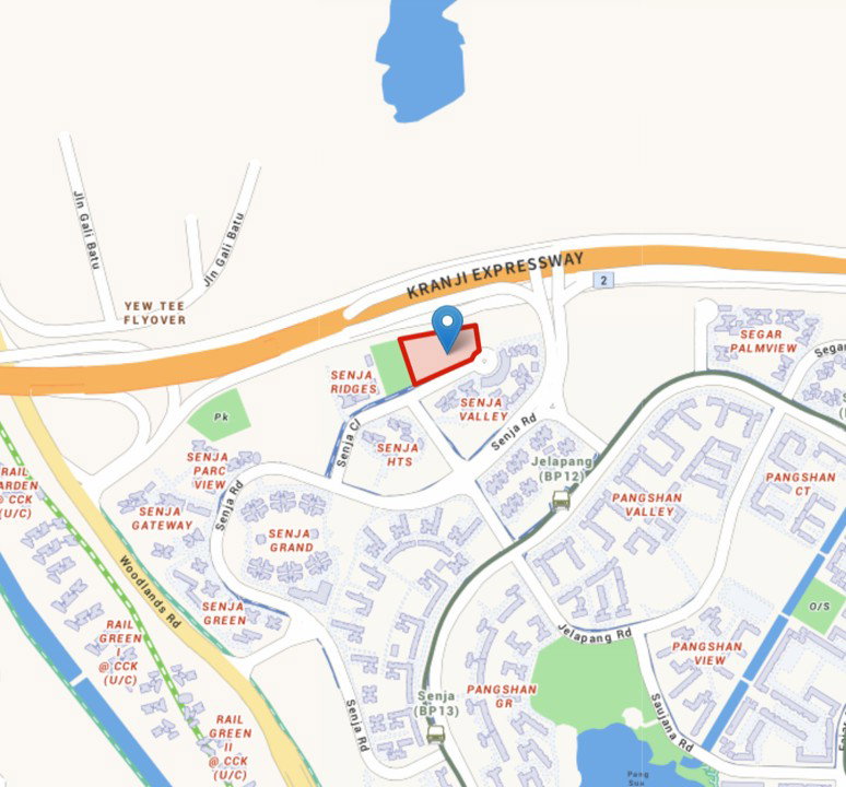 Street map of the Senja neighbourhood in Bukit Panjang showing the Solano Grand site outlined in red at Senja Close, beside the Kranji Expressway, with Jelapang and Senja LRT stations to the south-east and south